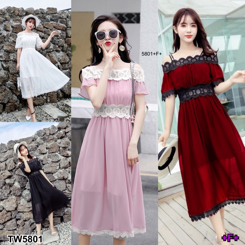 kudapy เดรสตัวยาวสีขาว ชมพู ดำ แดง เหลือง สายเดี่ยว2เส้น ดีไซน์ปาดไหล่ ผ้าชีฟอง ปาดไหล่ลูกไม้ถักทออย่างละเอียด