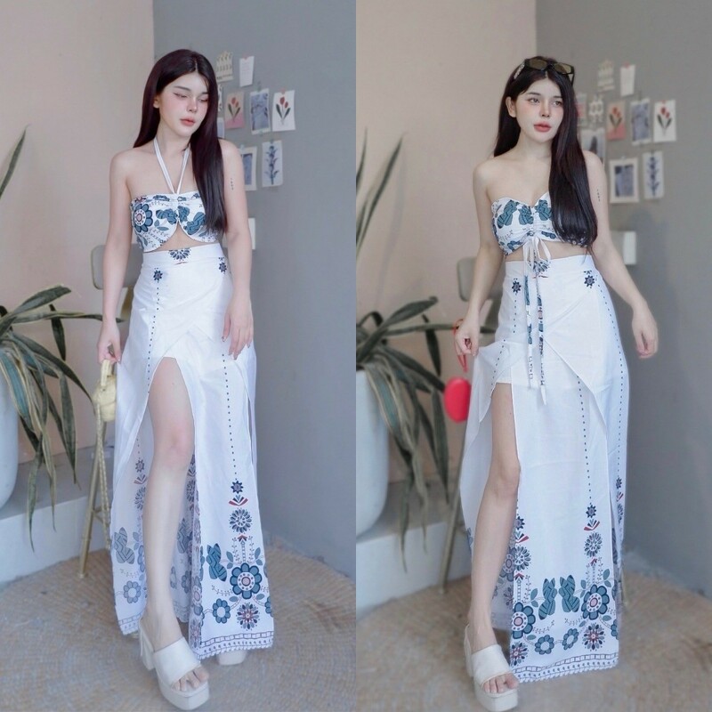 kudapy Set 2 ชิ้น เสื้อเกาะอก คล้องคอ พิมพ์ลาย ดอกไม้+ กางเกงกระโปรงปล่อย ชุดเที่ยวทะเลชิลๆ