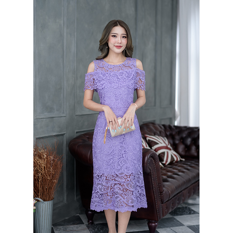 kudapy เดรสสั้นสีชมพู/สีม่วง ลูกไม้เงาทอลายสวยคัดเกรดผ้าเนื้อดีที่สุด แต่งระบายรอบอก ชายกระโปรงแต่งหางปลาระบาย