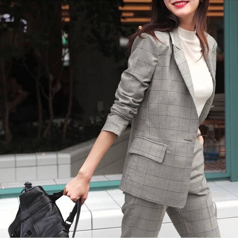 kudapy เซ็ทเสื้อ Blazer +กางเกงขายาว เสื้อสูทลายสก๊อตแถบฟ้า แต่งกระดุม