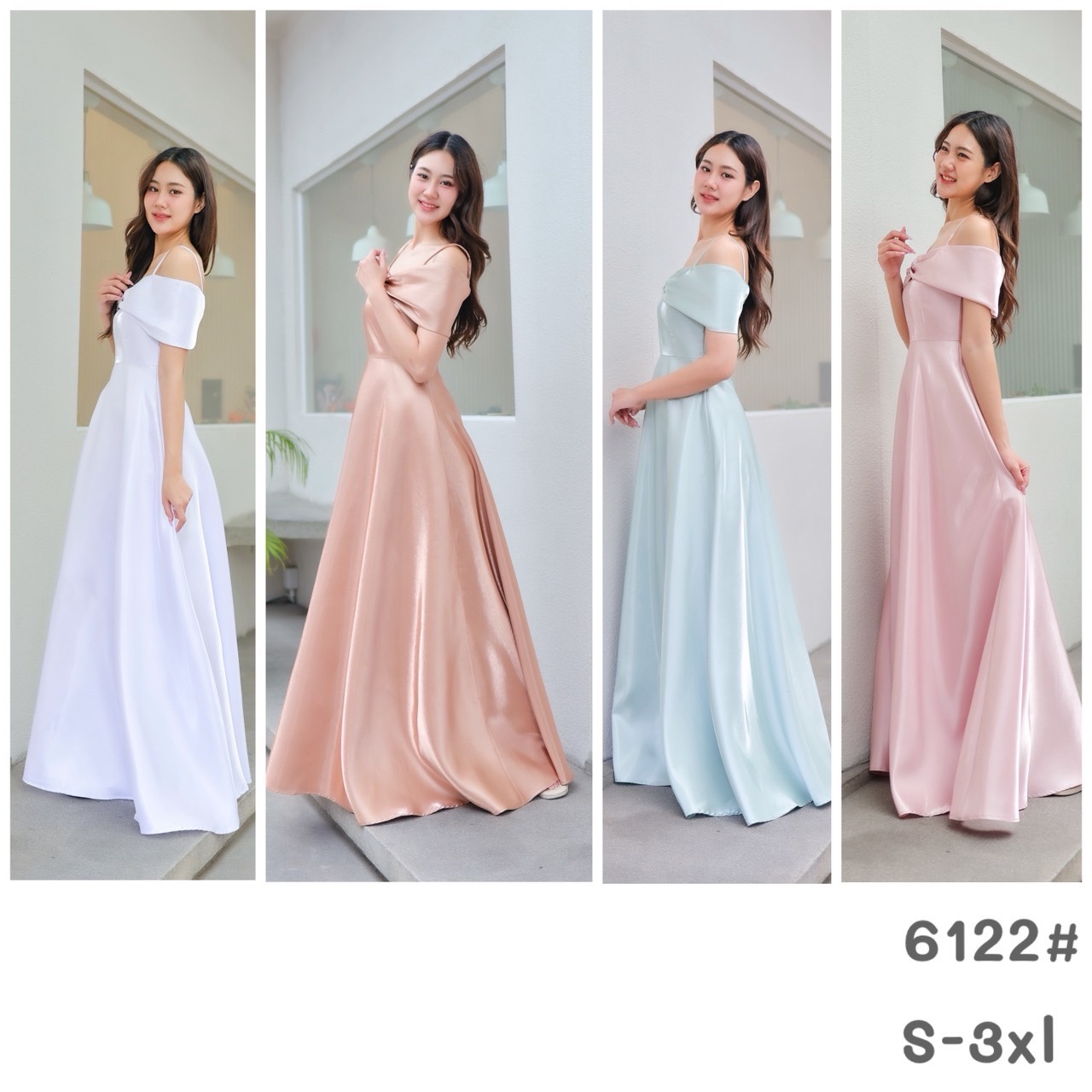 kudapy เดรสยาวเปิดบ่า กระโปรงบาน ทรงสวยเอวสูง ความยาวปิดข้อเท้า ผ้าไม่ยืด มีซับในทั้งตัว