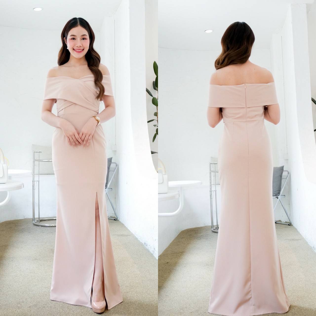 kudapy เดรสยาวเปิดไหล่ ไขว้อก สีส้มชาไทย ครีมนู๊ด เขียวมิ๊นต์ ชมพูดัสตี้พิ้งค์ เปิดบ่า อกไขว้แถบใหญ่ พรางแขน เกาหลีมินิมอลสุดๆ เน้นเอวคอดใส่ผอมสวย กระโปรงผ่าหน้า sexyเบาๆ