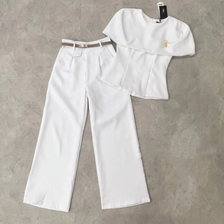 kudapy เซตเสื้อแต่งคลุมไหล่+กางเกงขายาวทรงกระบอกสีขาว ,สีชมพู