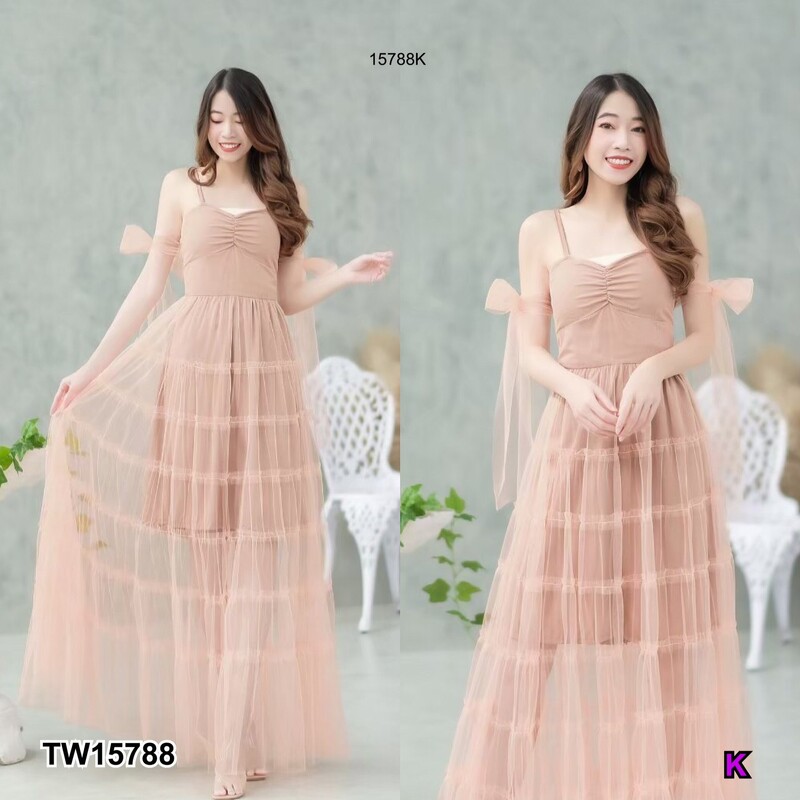 kudapy แม็กซี่เดรสสายสีชมพู น้ำตาล เขียว แดง เดี่ยวตาข่ายทั้งชุด มีซับใน มีสม็อคหลัง ดีแขนแขน 2 ข้าง ผูกโบว์ สีพื้น