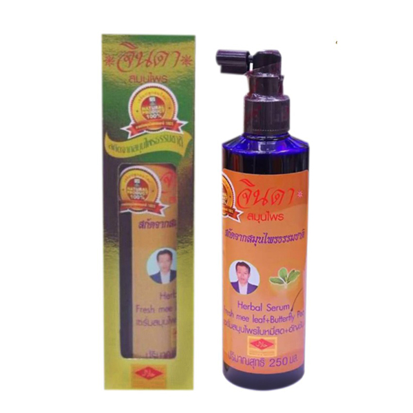เซรั่มบำรุงผมใบหมี่สด+อัญชัน สูตรโบราณ จินดาสมุนไพร (250 ml.) กล่องทอง