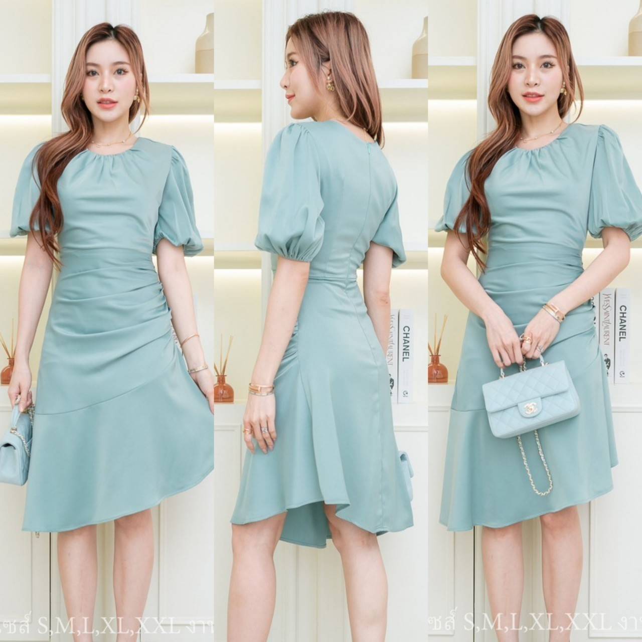 kudapy ชุดเดรสสั้นใส่ออกงาน คอกลมจับจีบระบาย เดรสทรงบานแต่งระบาย ผ้าเครปซาตินนุ่มลื่นใส่สบาย ชุดยาว 40 นิ้ว