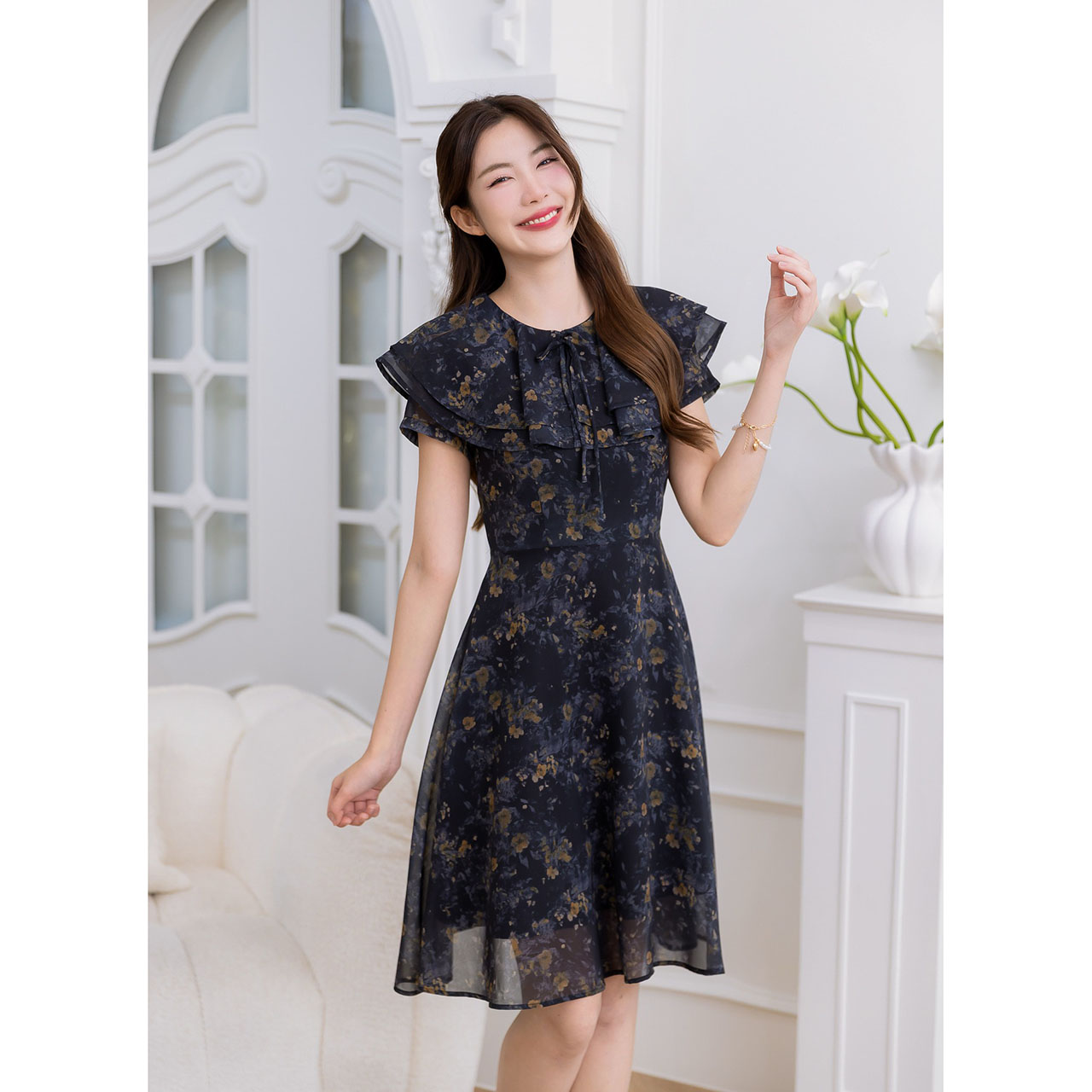 kudapy เดรสชีฟองพิมพ์ลาย มีดีเทลระบายช่วงอกสองชั้นสวยมีวอลุ่ม