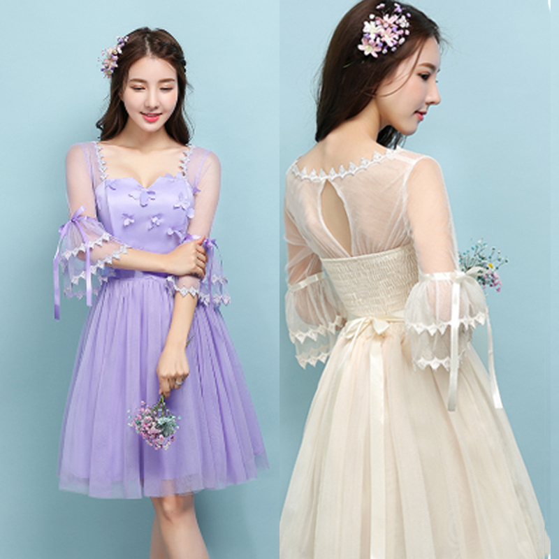 kudapy ชุดราตรีสั้นสีม่วง/สีครีมเบจ คอกลมแขน5ส่วน ผ้าซีทรูทั้งชุด ซับในผ้าซาตินอย่างดี