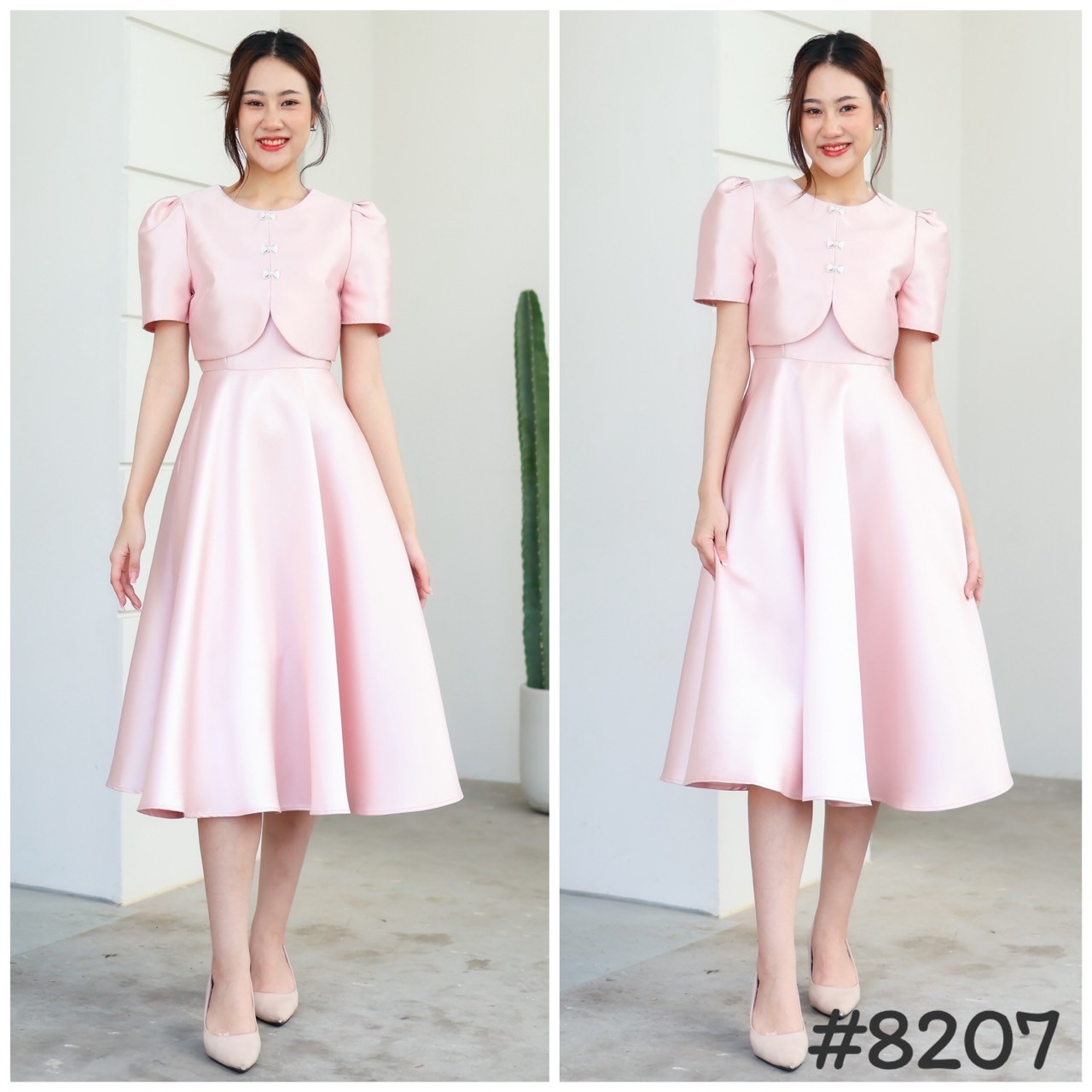 kudapy เดรสออกงานแต่งเชิ้ต สีขาว ,แดง ,ชมพู ,โรสโกลด์, ดำ คอกลมแต่งครอป ประดับกระดุมโบว์จิ๋ว