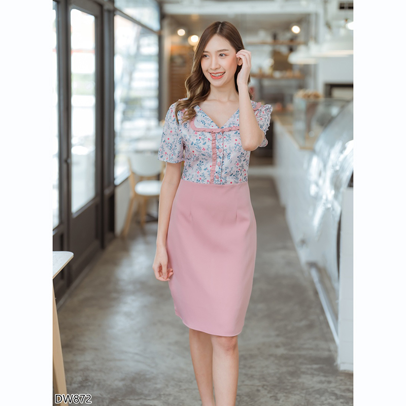 kudapy เดรสสั้นสีเขียว/สีชมพู/สีกรม คอบัวลายดอก ใส่สบายสวยดูดี