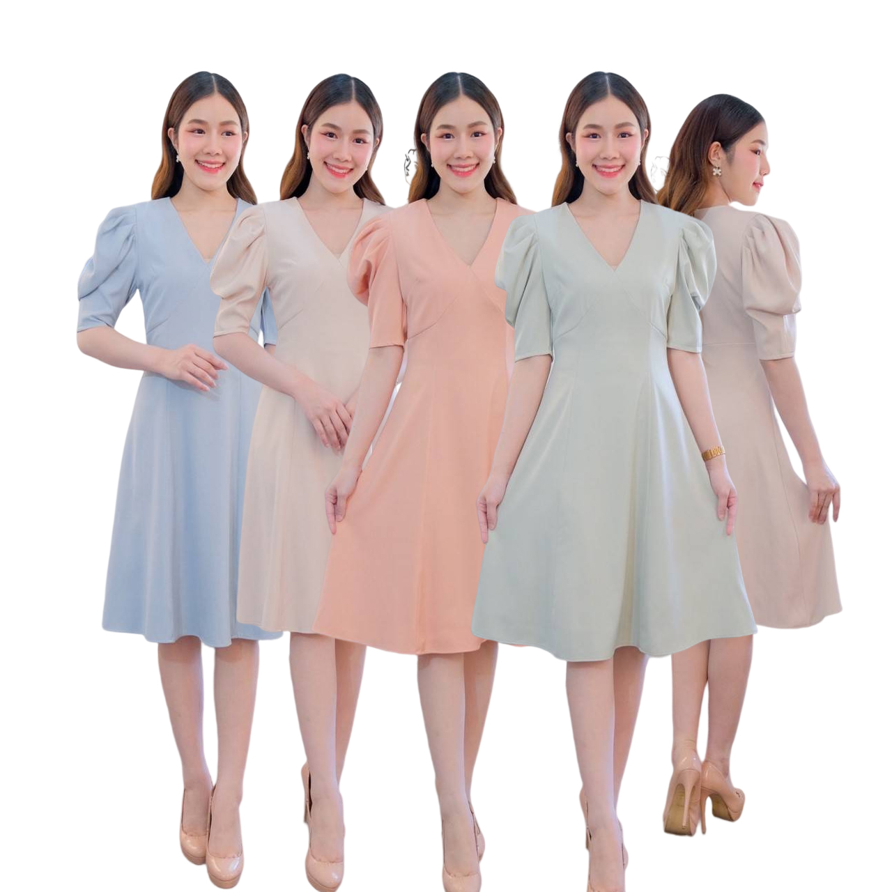 kudapy เดรสสั้นใส่ออกงานสีฟ้า,สีครีมเบจ,สีเขียวมิ้นท์,สีชมพูโอรส เดรสจีบแขนพอง พรางต้นแขนตีเกร็ดข้างเอวคอวีเอวสูง กระโปรงบานพริ้ว