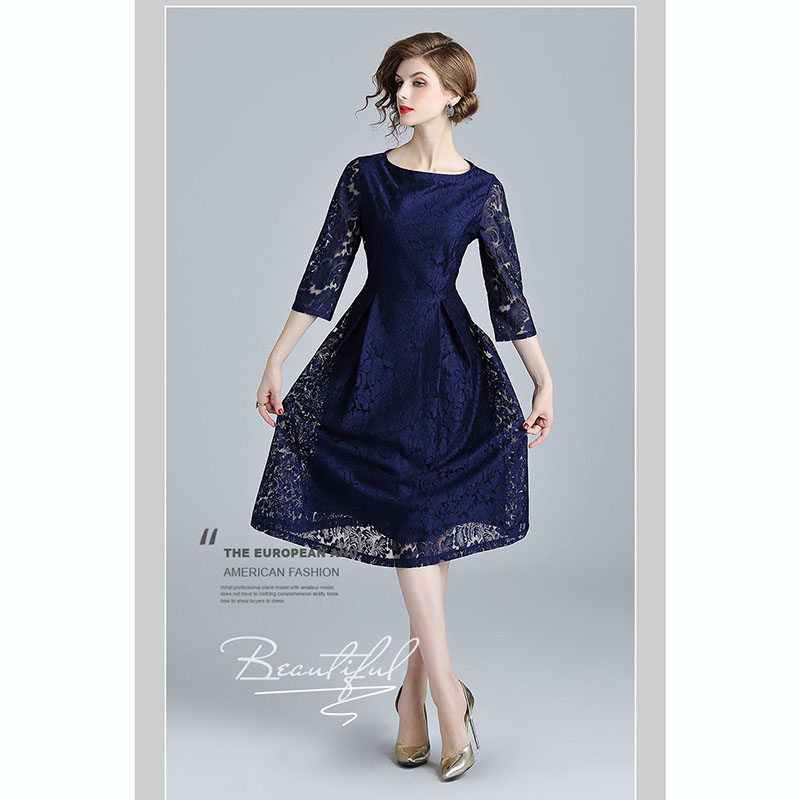 kudapy เดรสสั้นสีน้ำเงินเข้ม ผ้าลูกไม้ คอปาด แขนสามส่วน กระโปรงทรงเอบาน สวยดูดี