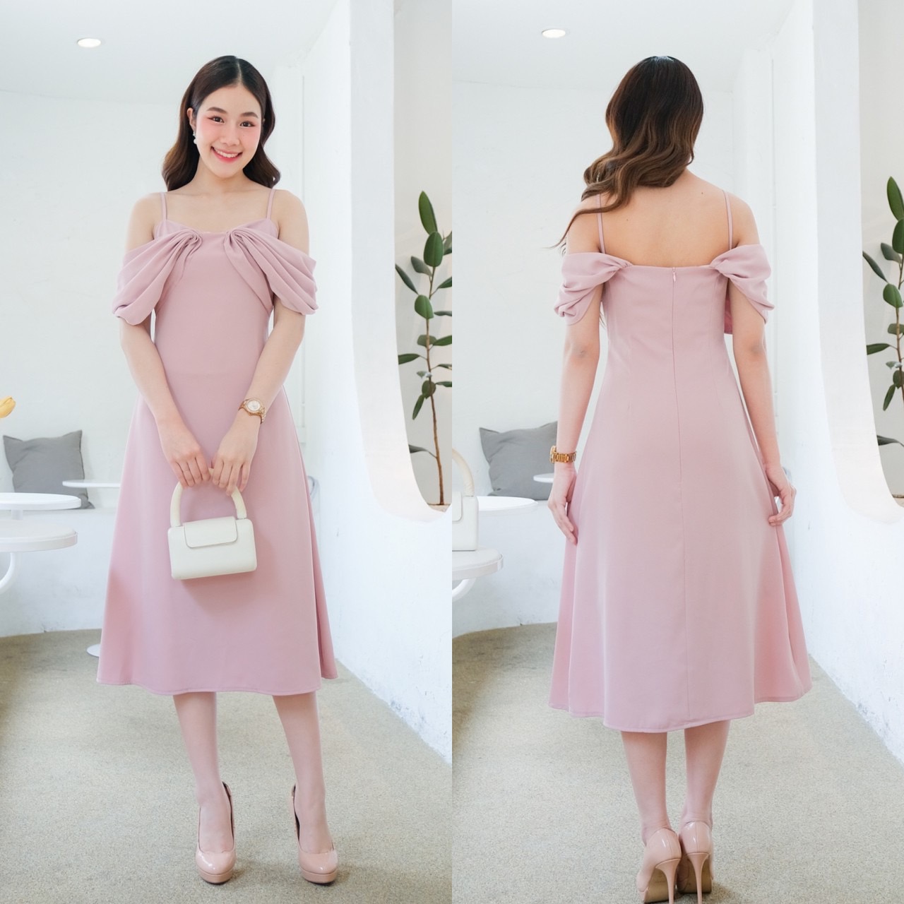 kudapy เดรสสั้นสีครีม/ชมพู/เขียวอ่อน/แดง สายเดี่ยว บ่าตก ใส่ปิดบ่า หรือเปิดบ่าก็สวย นื้อผ้านิ่มเย็น ใส่สบาย