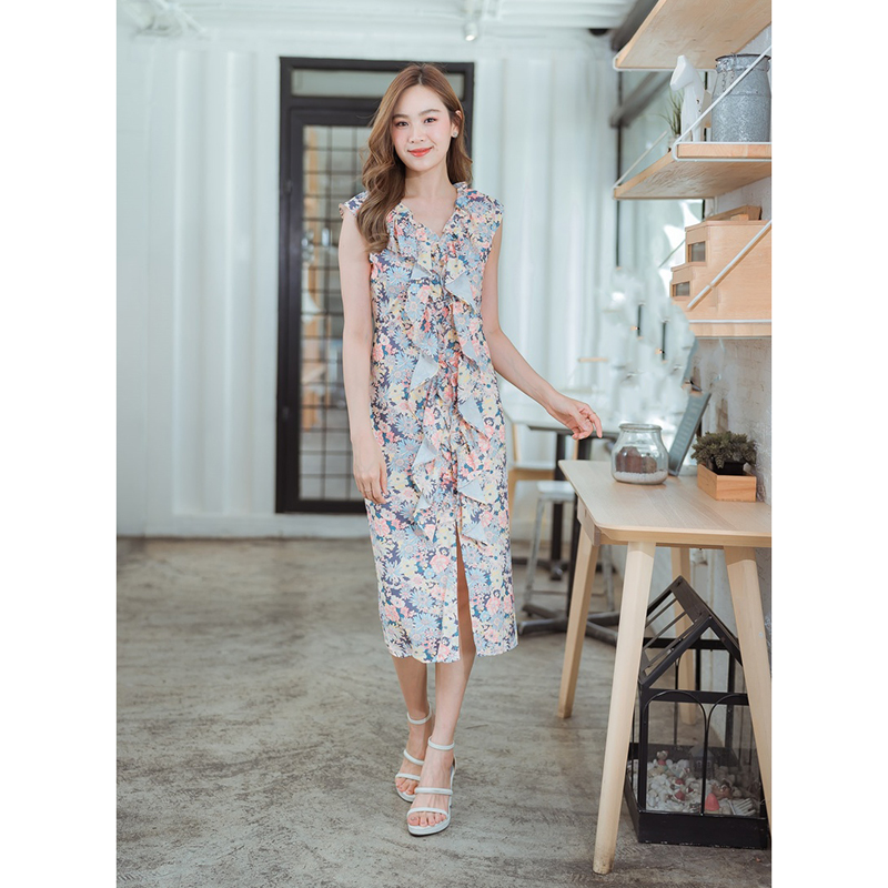 kudapy เดรสสั้นสีครีม/สีชมพู แขนกุดแต่งระบายหน้า