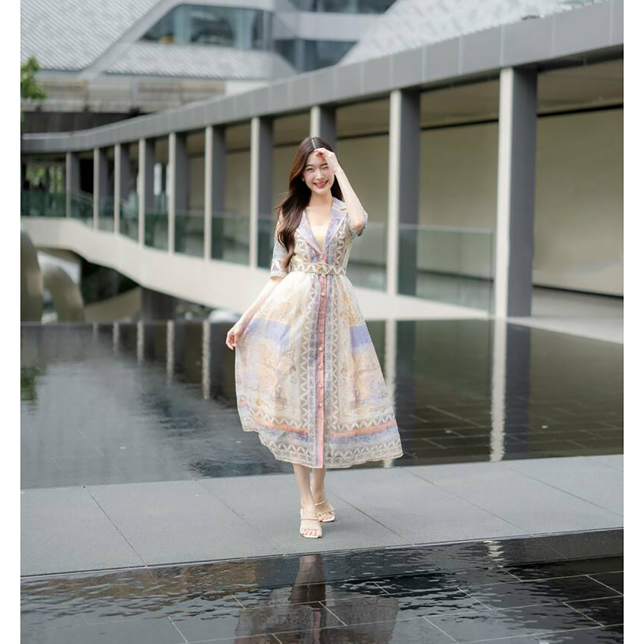 kudapy เดรสยาวสีครีม เดรสคอปกพิมพ์ลาย ใส่ออกงานเที่ยวทะเลสวยดูดี