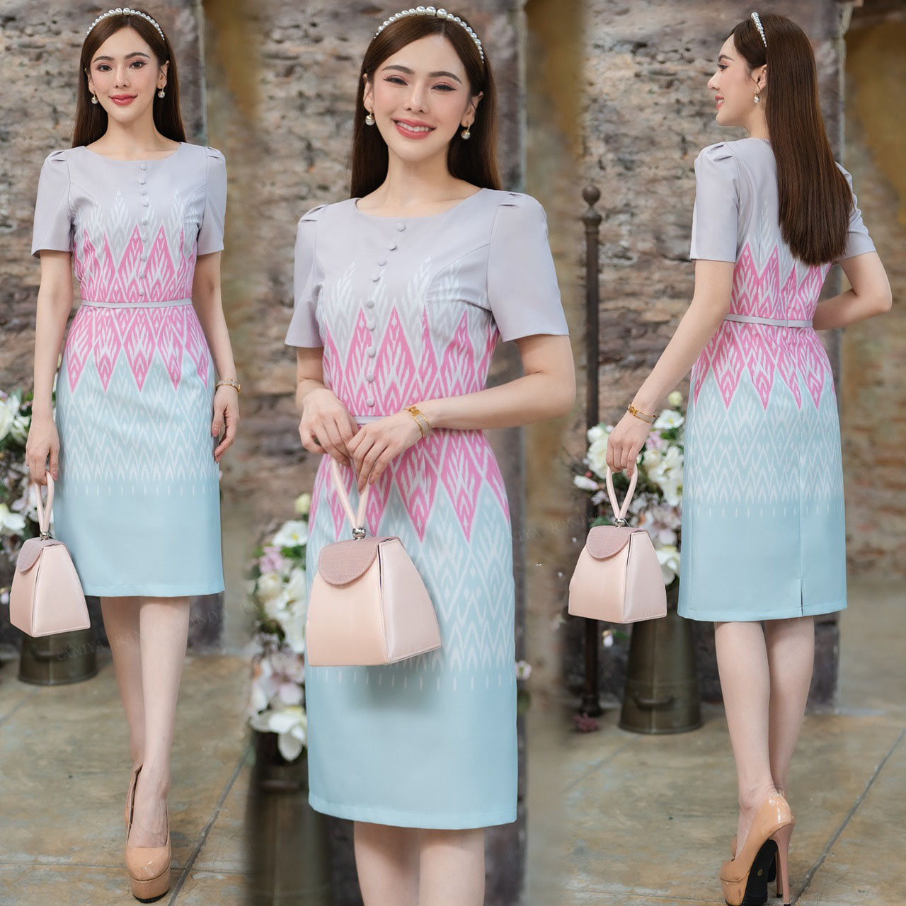 kudapy เดรสสั้นลายไทย แต่งกระดุมหน้า ใส่ออกงายสวยดูดี งานซิปซ่อนหลัง