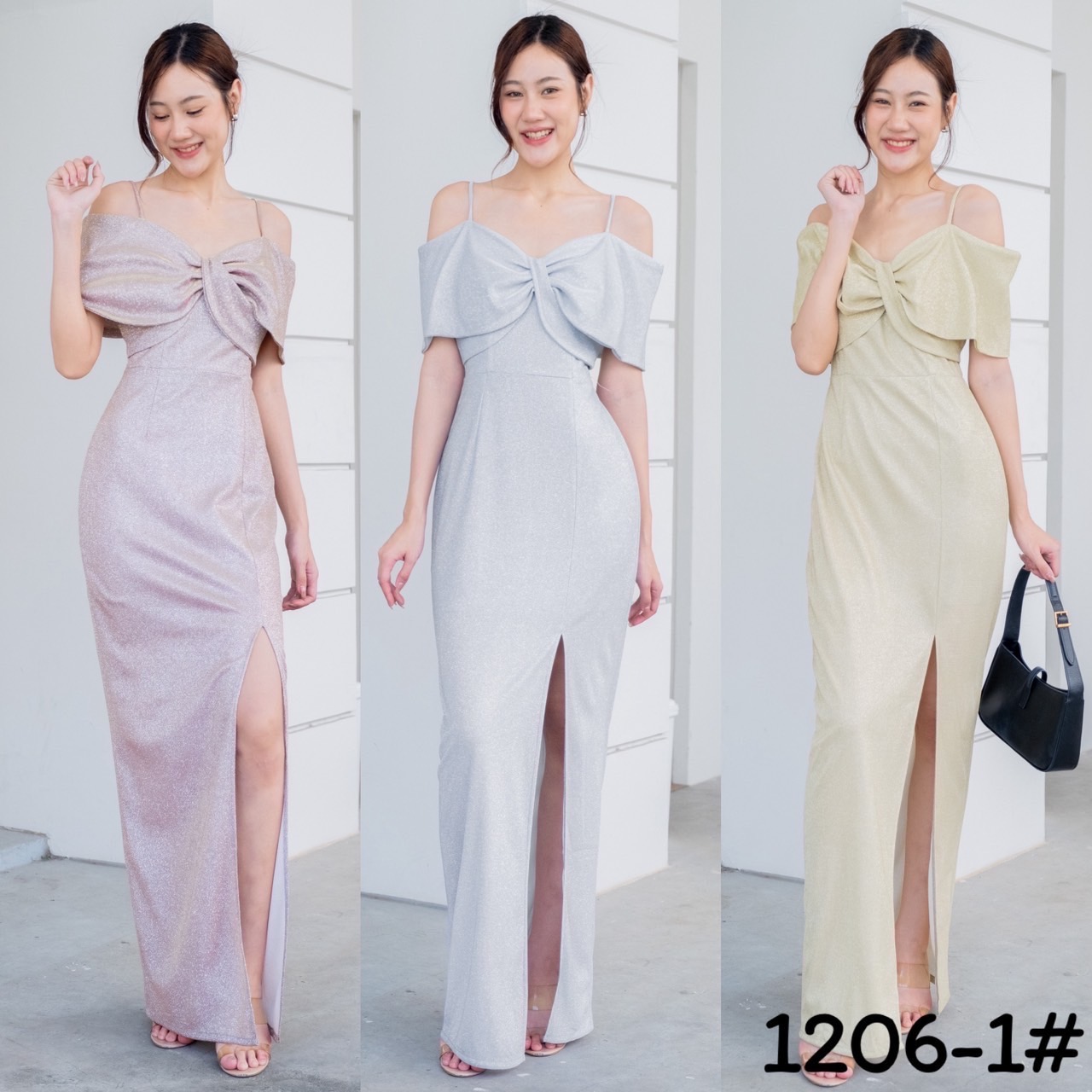 kudapy เดรสยาว ผ้าดัชเชสอัดกาว เปิดบ่าจับบิดทวิชไขว้อก มีสายคล้องบ่า กระโปรงทรงสอบ ผ่าหน้าขา sexy