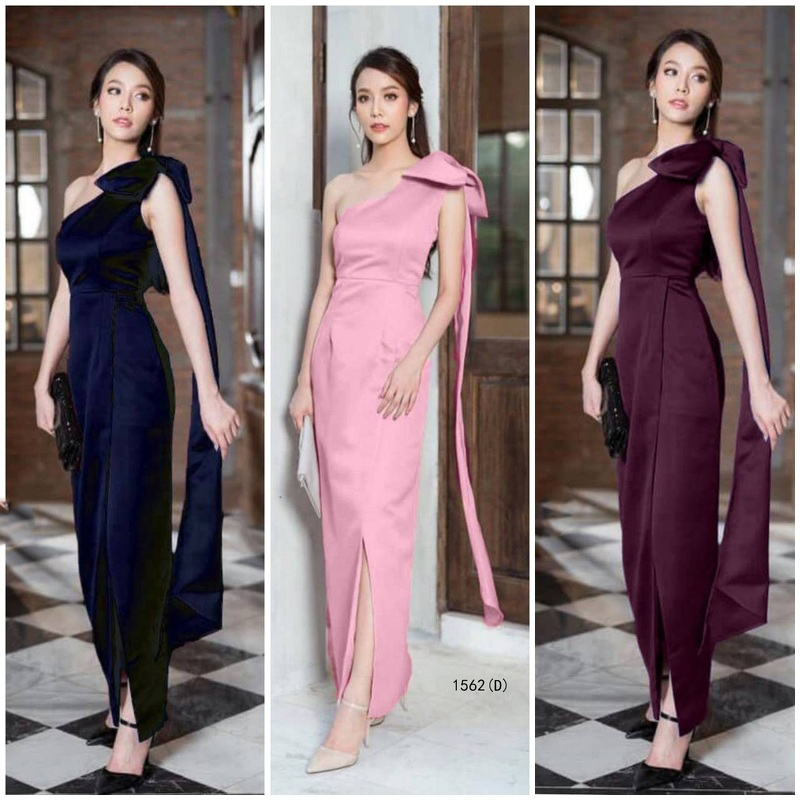 kudapyเดรสยาวสีแดง/ชมพู/กรมท่า/ครีม ไหล่เดี่ยว แต่งโบว์ 1 ข้าง ปล่อยสไบยาว สวยๆ กระโปรงด้านหน้าแต่งไขว้ งานเนื้อผ้าซาร่า ซิปหลัง