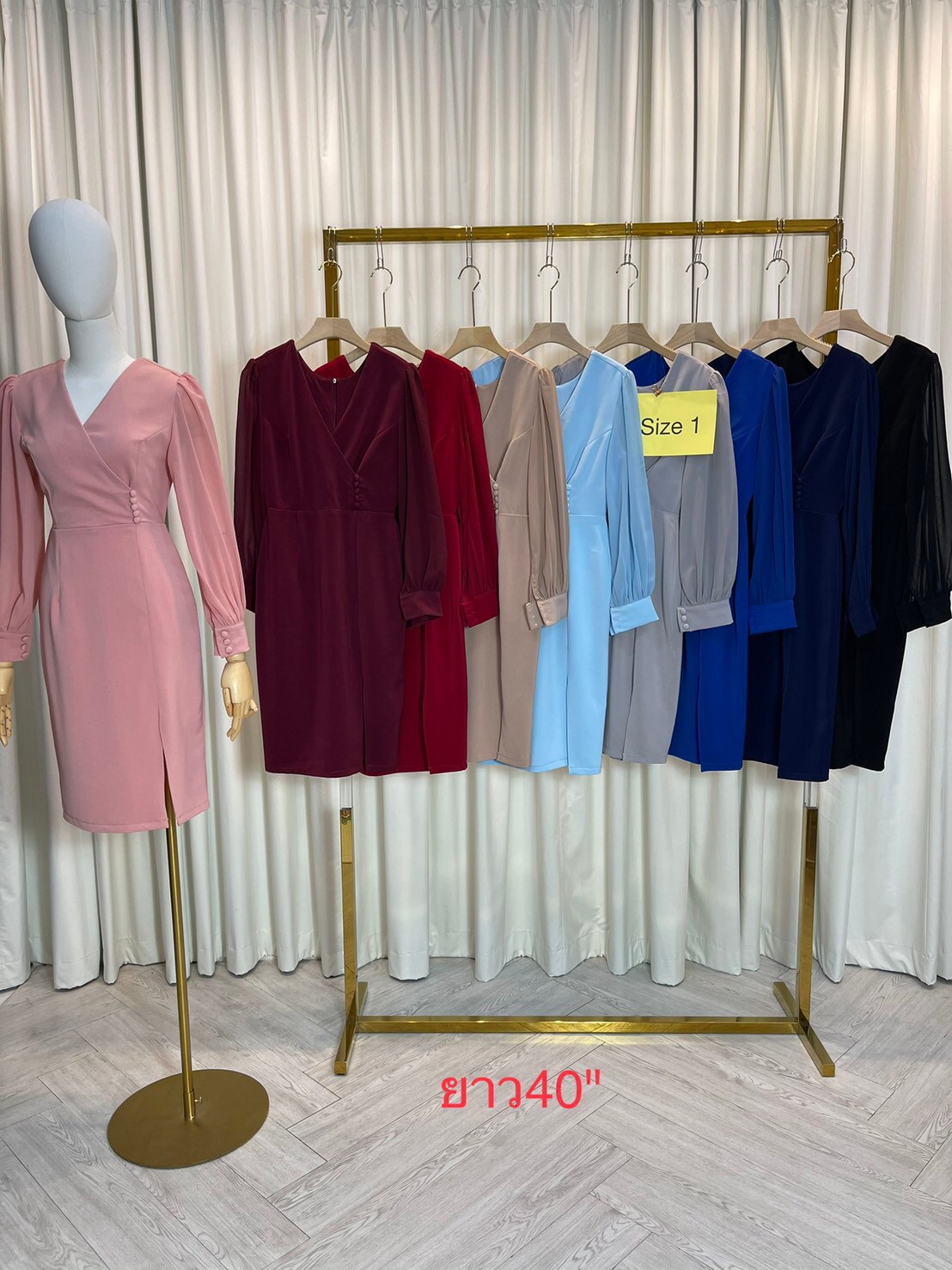 kudapy เดรสสั้นใส่ออกงานสีเทา/กรมท่า/ดำ/ชมพู/แดงเลือดหมู/โอวัลติน เดรสคอวี แขนยาวแต่งชีฟอง กระดุมข้างตัว ผ้าฮานาโกะ ผ้ายืดเนื้อดีทิ้งตัว