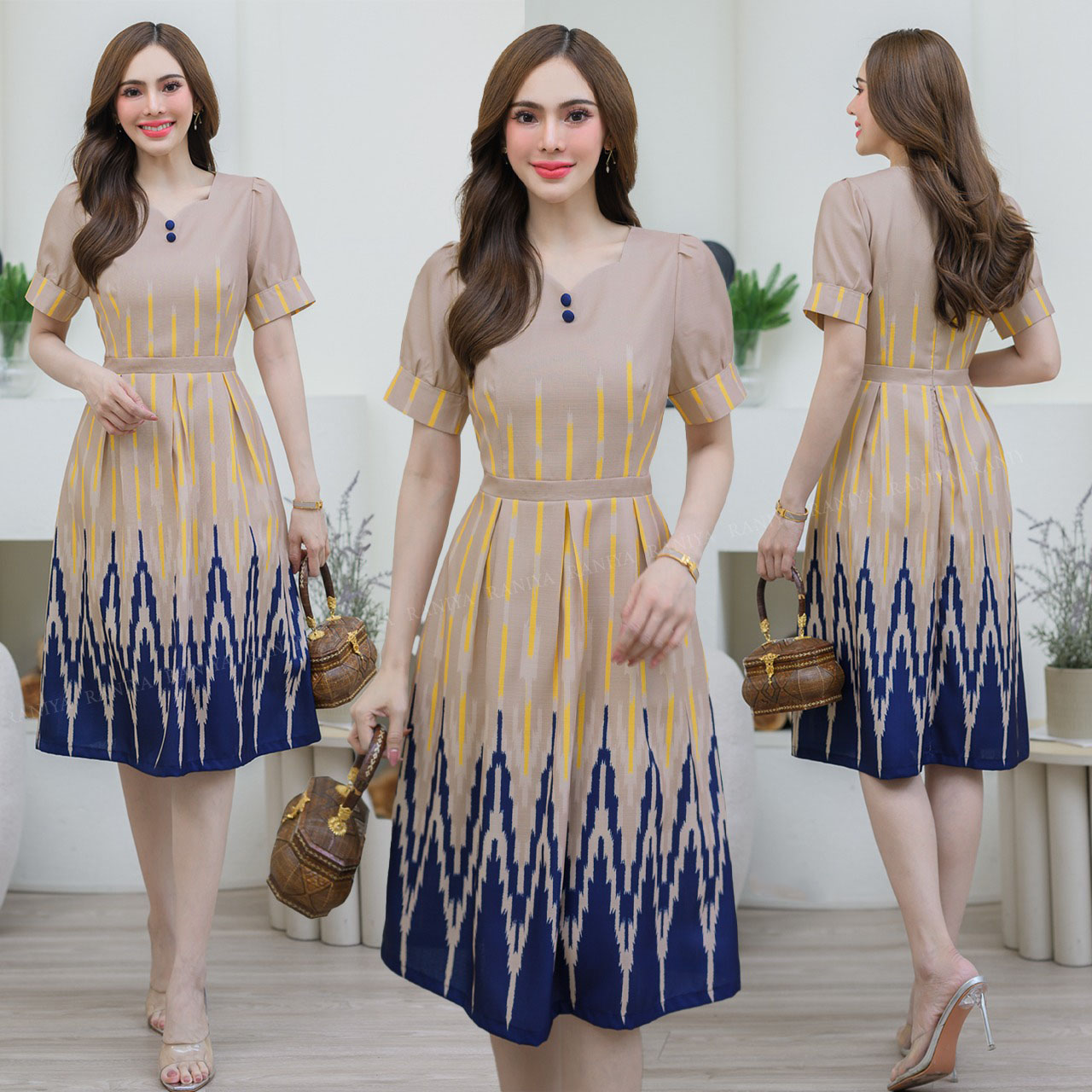 kudapy ชุดเดรสผ้าโพลีแบบทองานพิมพ์ลายเก๋ๆ คอเหลี่ยมเนื้อผ้าไม่แข็งและไม่บาง