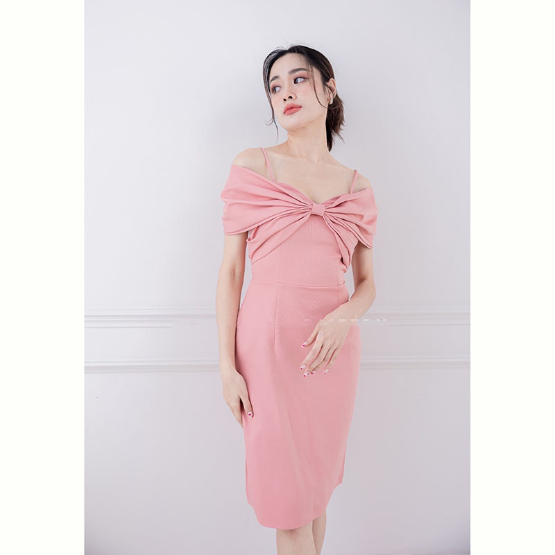 kudapy เดรสสั้นสีกรม/สีชมพู/สีแดง ชุดออกงาน ดีเทลโบว์สอดแขน รุ่นนี้เรียบหรู ลุคคุณหนู น่ารักมาก