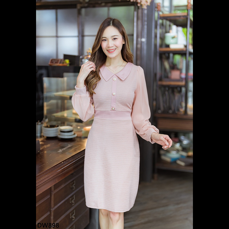 kudapy เดรสสั้นสีขาว/สีดำ/สีชมพู คอปกแขนยาวแต่งกระดุม