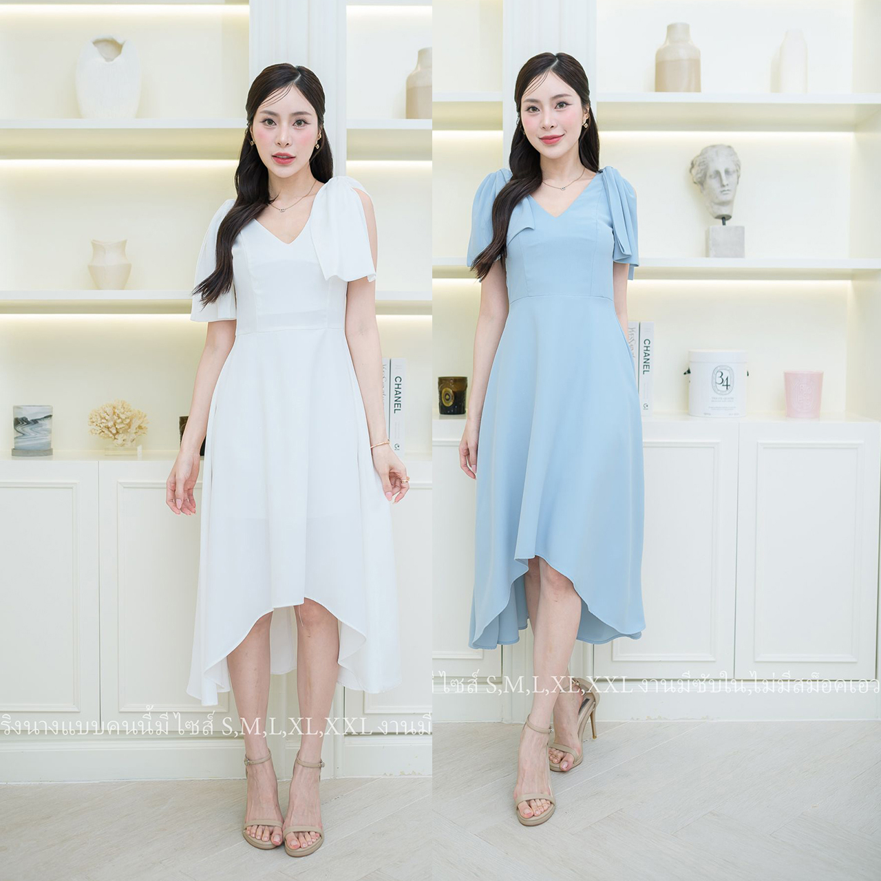 kudapy เดรสหน้าสั้นหลังยาวแต่งโบว์ไหล่สีฟ้า/สีขาว งานสวยมีซับในซิปหลัง