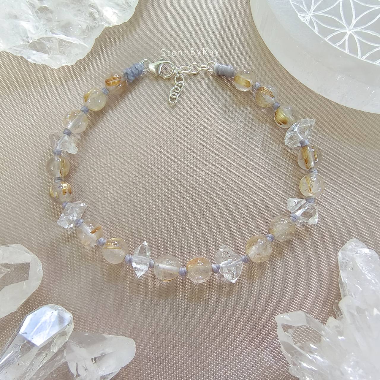 สร้อยข้อมือเชือกถักหินเฮอร์คิเมอร์ไดม่อนกับหินไหมทอง Herkimer Diamond
