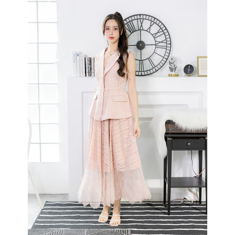 kudapy เซตเสื้อทรงสูทสีชมพู/สีขาว/สีดำ แขนกุด+กระโปรงยาวตาข่าย แต่งผ้าระบาย