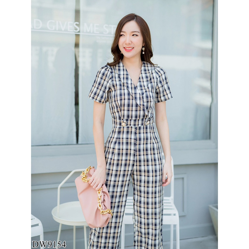 kudapy จั้มสูทขายาวคอวีสีกรม/สีชมพู/สีดำ ปกสูทขายาวลายสก๊อต