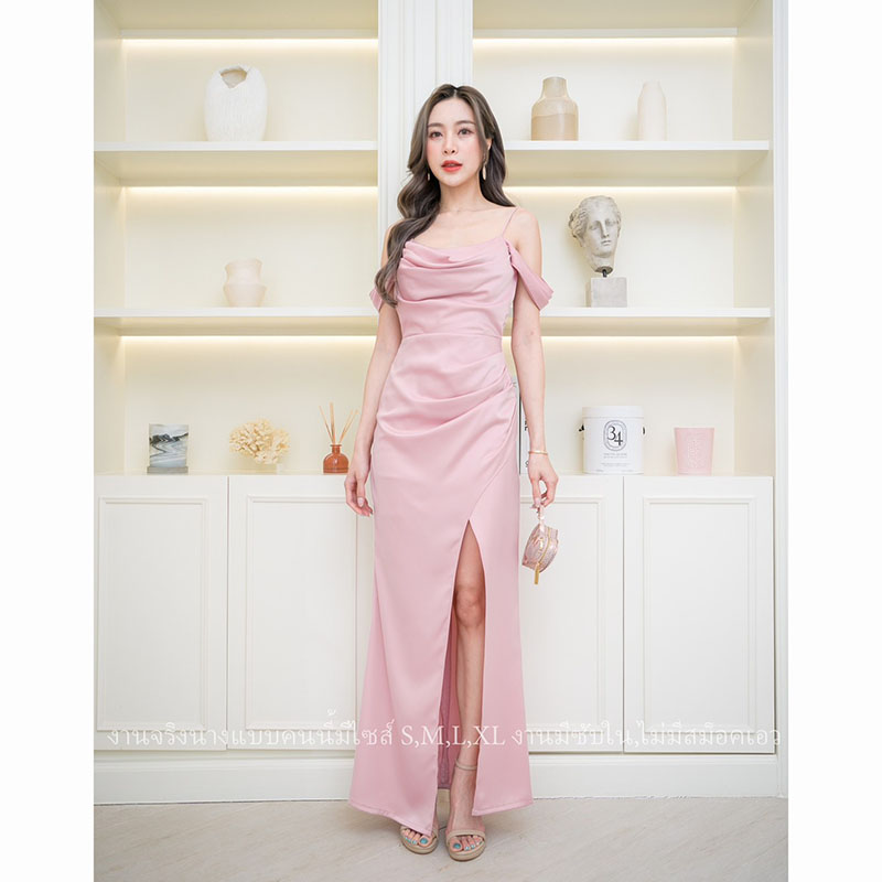 kudapy เดรสยาวเปิดไหล่ใส่ออกงาน สีชมพู/สีกรม/สีน้ำตาลอิฐ/สีแดงเลือดหมู ซับในทั้งชุด ผ้าเครปซาตินเนื้อดี