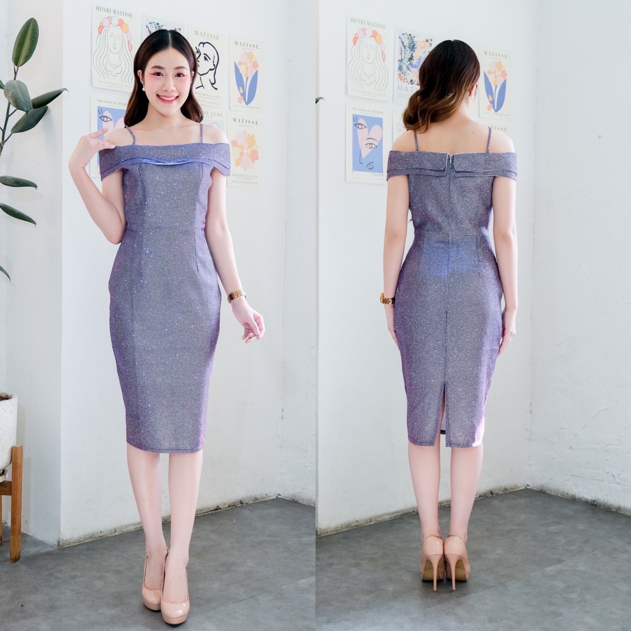kudapy เดรสสั้นสีม่วง/สีชมพู/สีทอง ผ้ากลิตเตอร์ สายเดี่ยว ปิดแขน ทรงเข้ารูป ผ่าหลัง เดินสะดวก ใส่ออกงานสวยดูดี