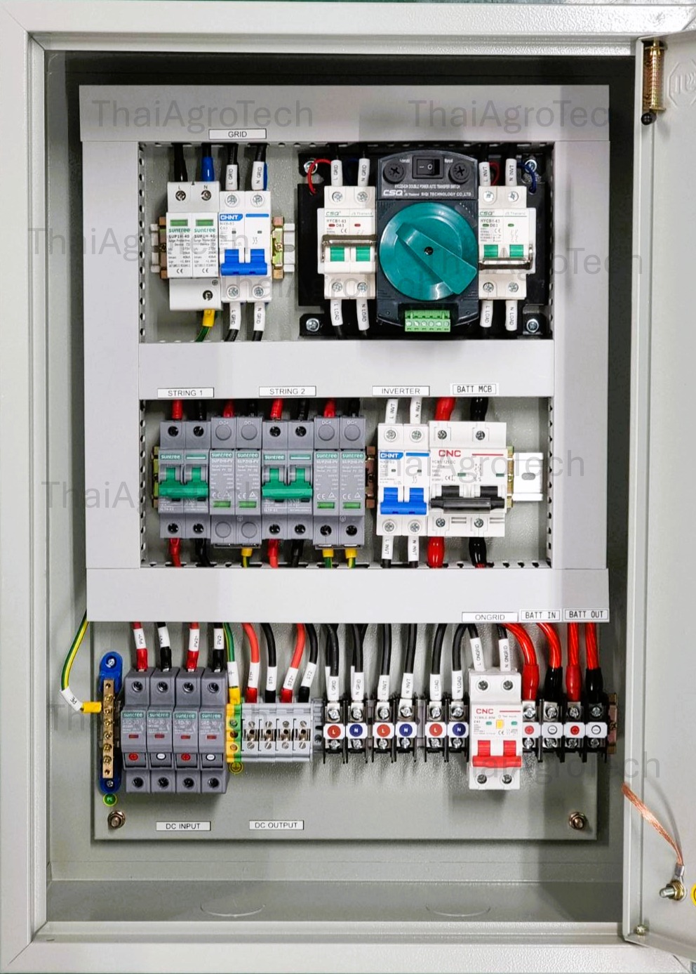 ตู้คอมบายเนอร์แบบไฮบริด 2 สตริง Hybrid On/Off-grid AC Combiner Box 2 string พร้อม สวิตซ์สลับแหล่งจ่ายไฟ อัตโนมัติ ระบบไฟฟ้าสำรอง ATS Automatic Dual Power Transfer Switch 2P 63A