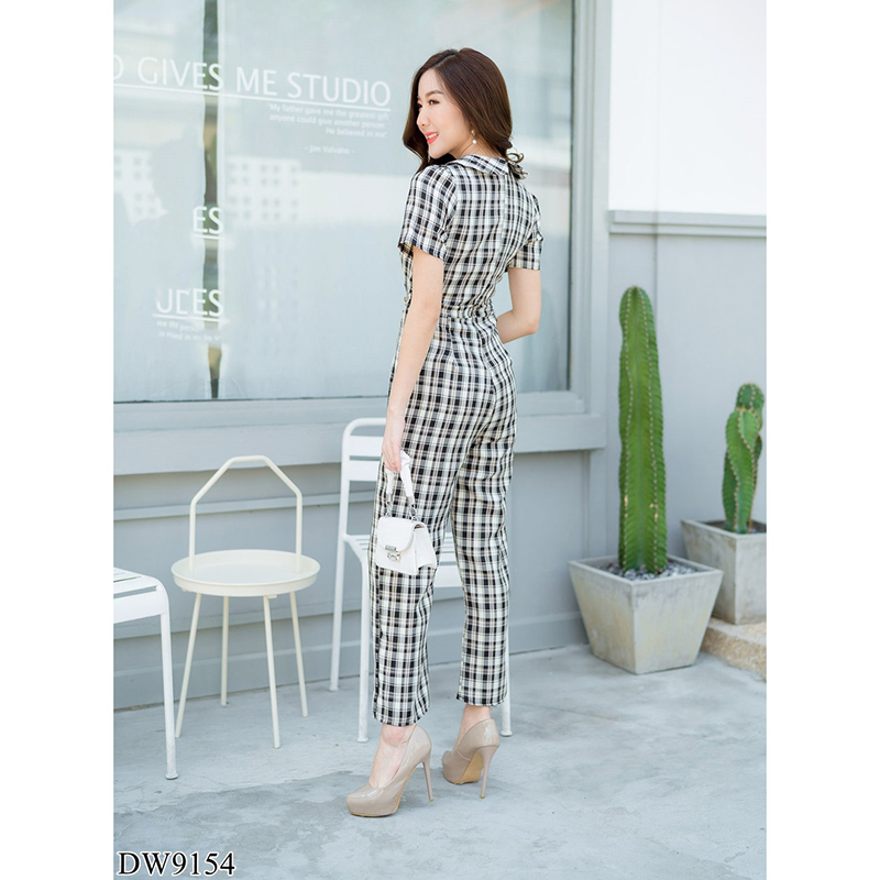 kudapy จั้มสูทขายาวคอวีสีกรม/สีชมพู/สีดำ ปกสูทขายาวลายสก๊อต