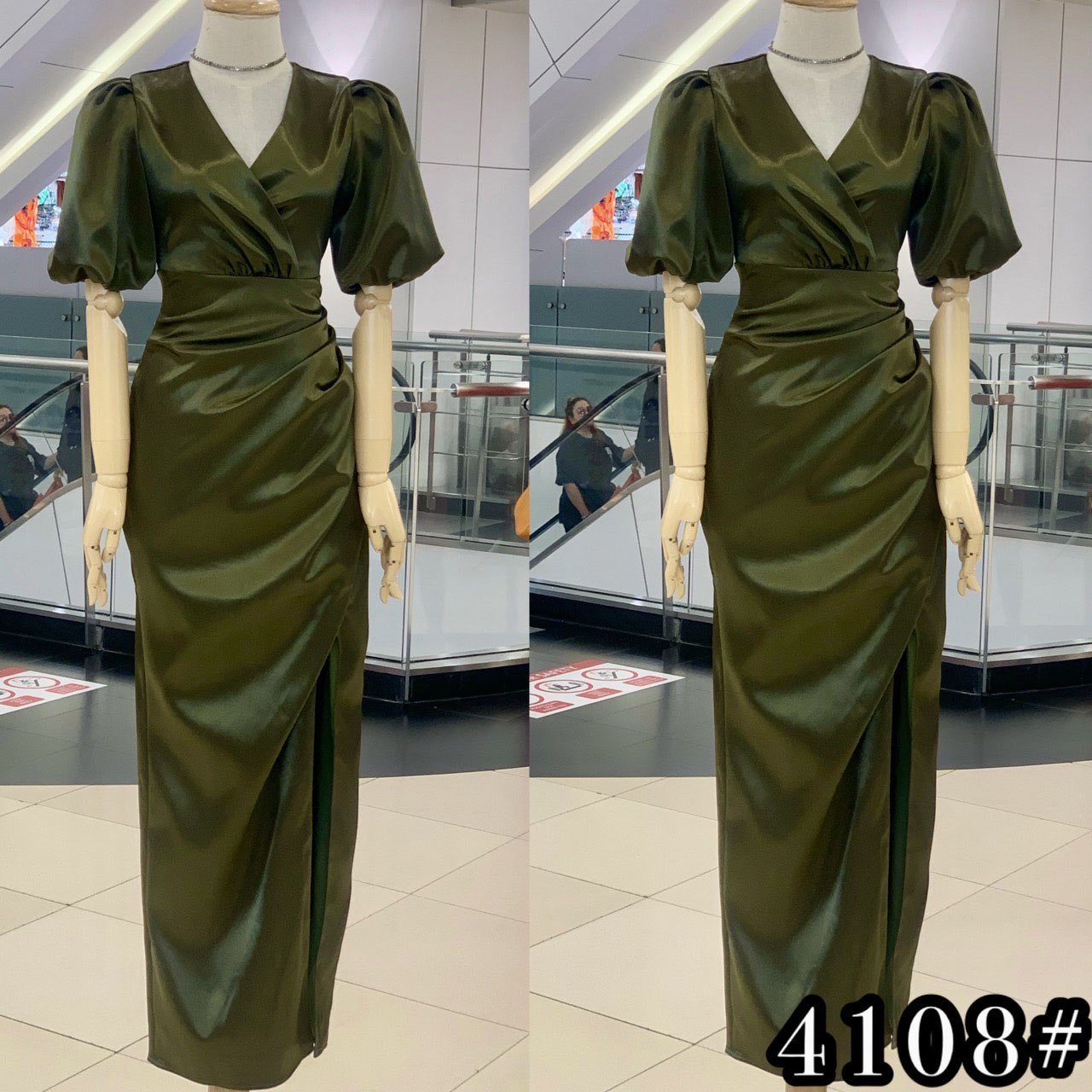 kudapy เดรสยาวสีแดง/สีน้ำตาล/สีเขียวขี้ม้า ทรงคอวี แขนพอง เอวสูง จับเดรปย่นช่วงสะโพก ผ่าหน้าขา