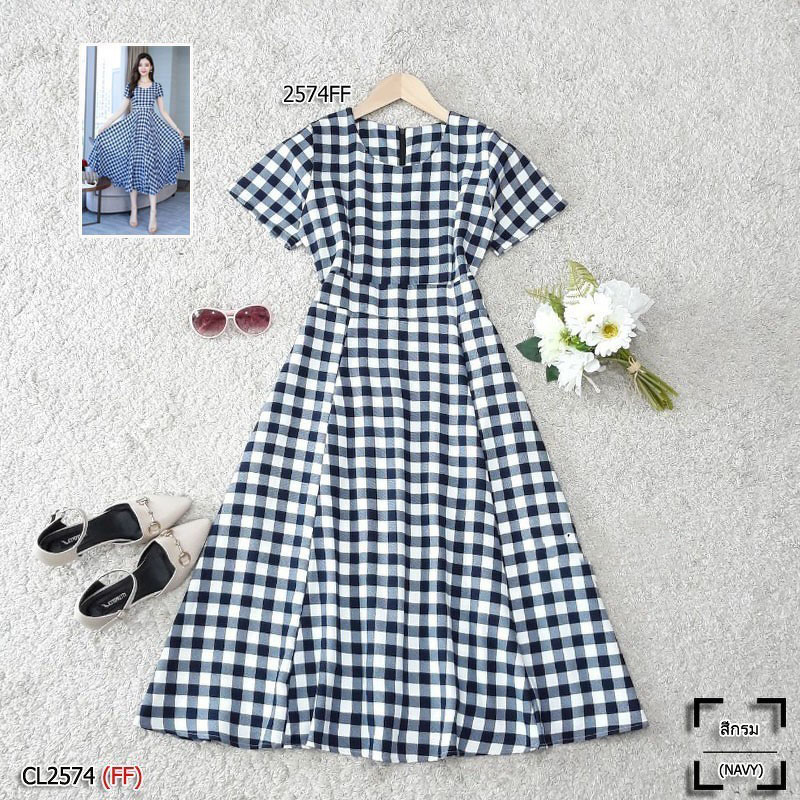 kudapy เดรสยาว/สีดำ/สีแดง/สีกรม ผ้าทอลายสก็อต แขนสั้น ชุดนี้ผ้าทอละเอียดเนื้อนิ่ม