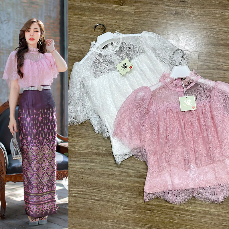 kudapy เซ็ทเสื้อลูกไม้แต่งระบายรอบตัวหน้าหลัง +ผ้าถุงสำเร็จรูป เกรดพรีเมี่ยมอัดกาว ซิปหลัง