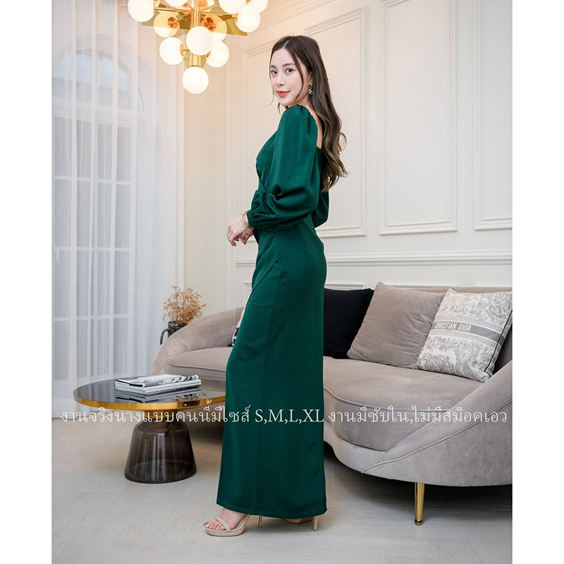 kudapy เดรสราตรีแขนยาวปาดคอวีสีแดง/สีเขียว/สีชมพู ผ่าสูงข้าง งานสวยคุ้มราคา ซิปหลังมีซับใน เริ่ดมากก