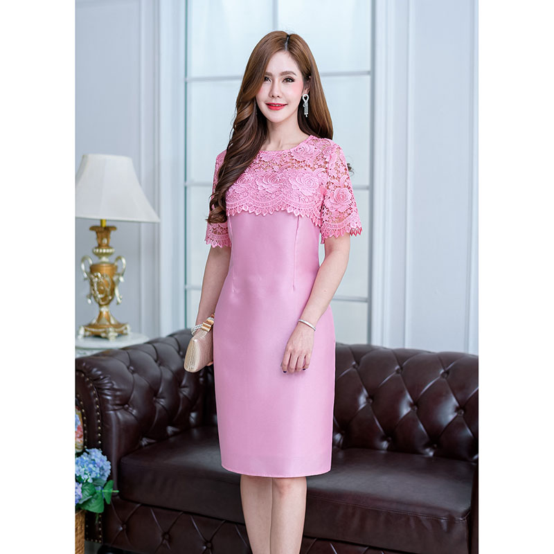 kudapy เดรสสั้นออกงานสีชมพู/สีฟ้า ผ้าลูกไม้เนื้อเงาทอลายแน่นมาก เกรดสวยอย่างดี