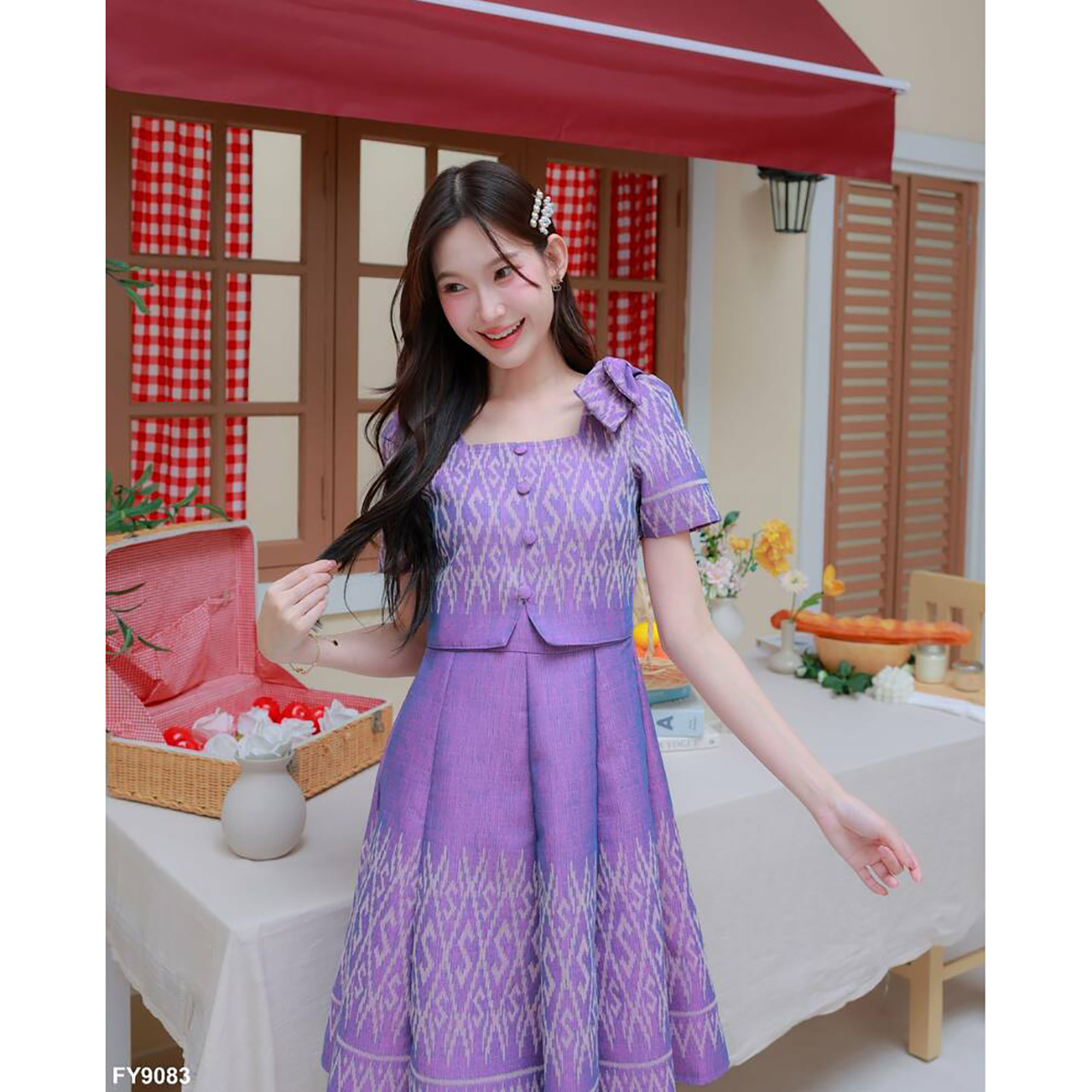 kudapy เดรสผ้าไทยกระโปรงบานแต่งโบว์ไหล่