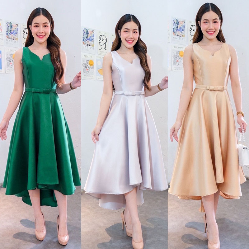 kudapy เดรสกระโปรงทรงหน้าสั้นหลังยาวสีเขียว/สีเทา/สีทอง อกหัวใจ คอระหงษ์ มาพร้อมเข็มขัดถอดได้