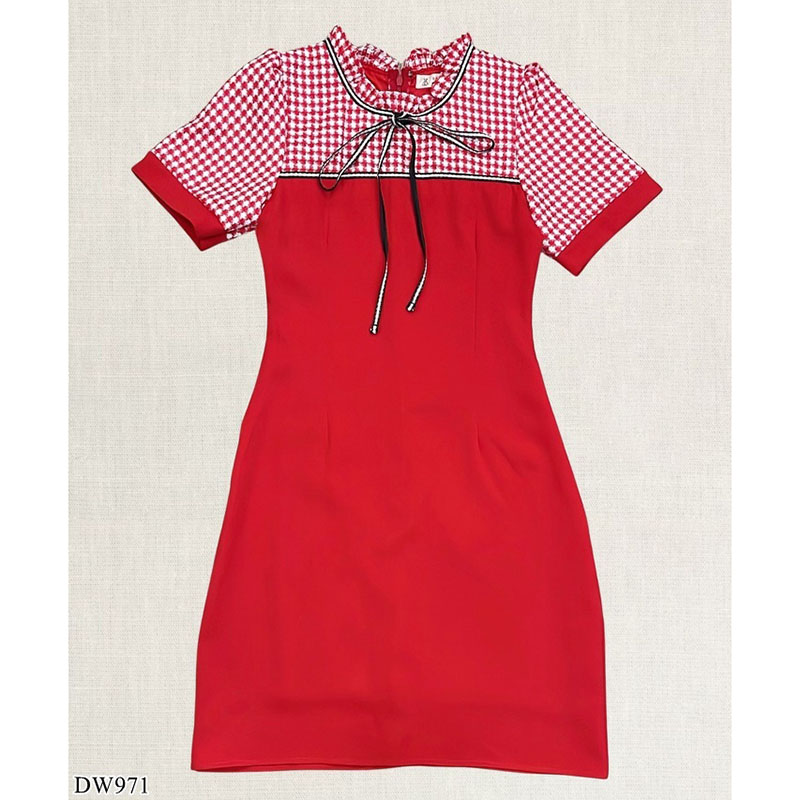 kudapy เดรสสั้นสีแดง/สีชมพู/สีดำ สก็อตผูกโบว์ สวยดูดีใส่สบาย