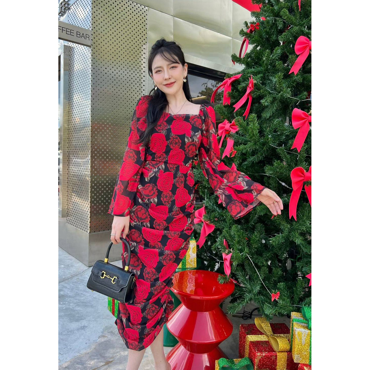 kudapy เดรสสั้นสีแดง ผ้าชีฟองกุหลาบ แต่งย่นเข้ารูป เรียบหรูดูไฮโซ ใส่สบาย