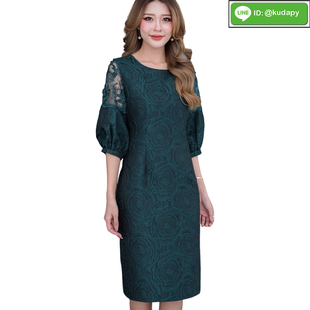 kudapy เดรสสั้นบอลลูนสีเขียวเข้ม ทรงสวยสุดฮอต ผ้าลายกุหลาบสวยสะดุดตามาก มีซับใน ซิบหลังจร้า