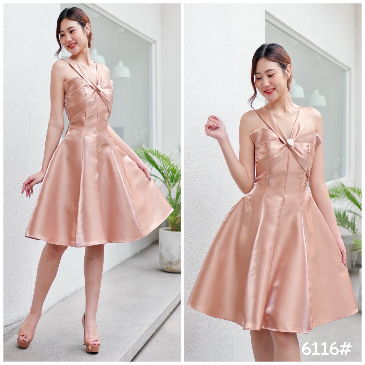 kudapy เดรสสายเดี่ยวอกทรงผีเสื้อ แต่งเข็มกลัดเพชร รูปหัวใจน่ารักมาก