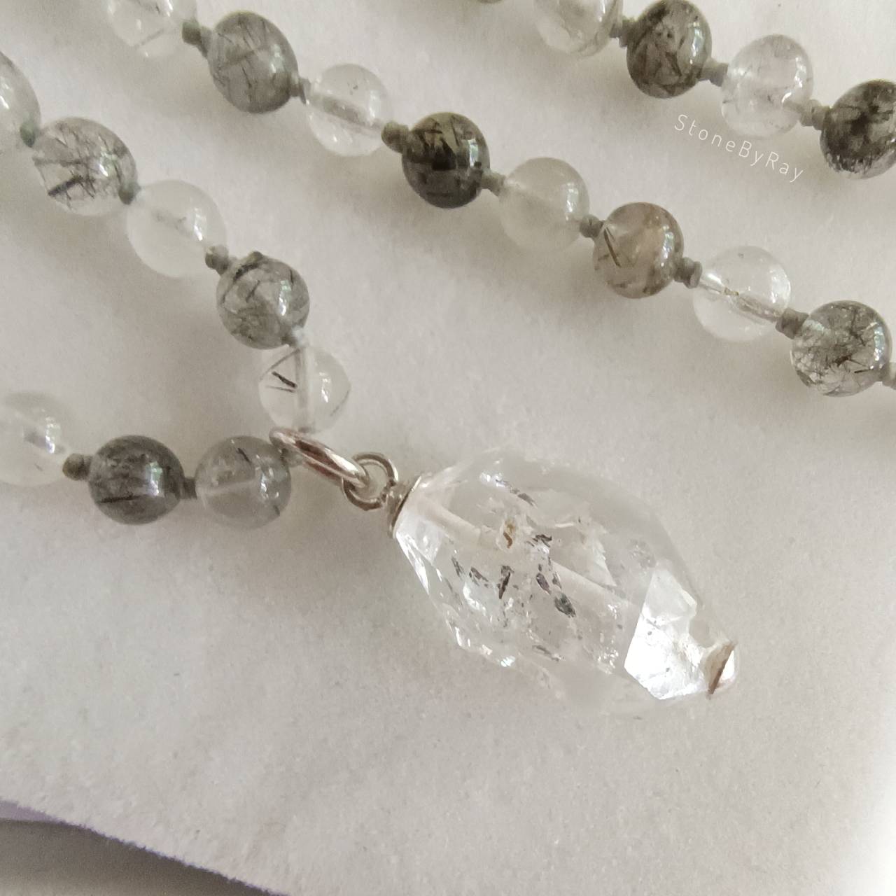 สร้อยคอเชือกถักหินไหมดำกับจี้คริสตัลเฮอร์คิเมอร์ Black Tourmaline Quartz+Herkimer Diamond