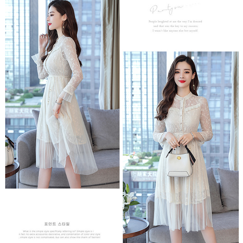 kudapy ชุดเดรสสั้น ผ้าลูกไม้สีดำ/สีครีม เดรสคอจีน แขนยาวผ้าลูกไม้นิ่มทิ้งตัวทรงสวยตามแบบ