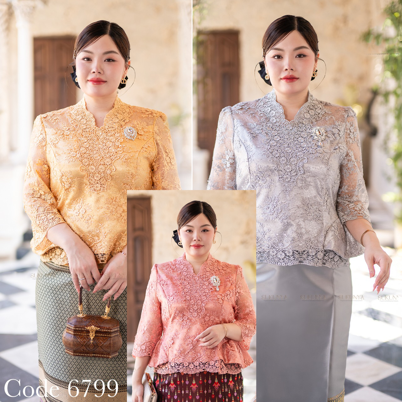 kudapy งานเสื้อลูกไม้ใยบวบ 3มิติดอกนูนลอย เกรดพรี่เมียม ลูกไม้ทั้งตัว ปักกริสเตอร์ แต่งเอวดีด แต่งลูกไม้ตรงชายเสื้อ (เฉพาะเสื้อ)
