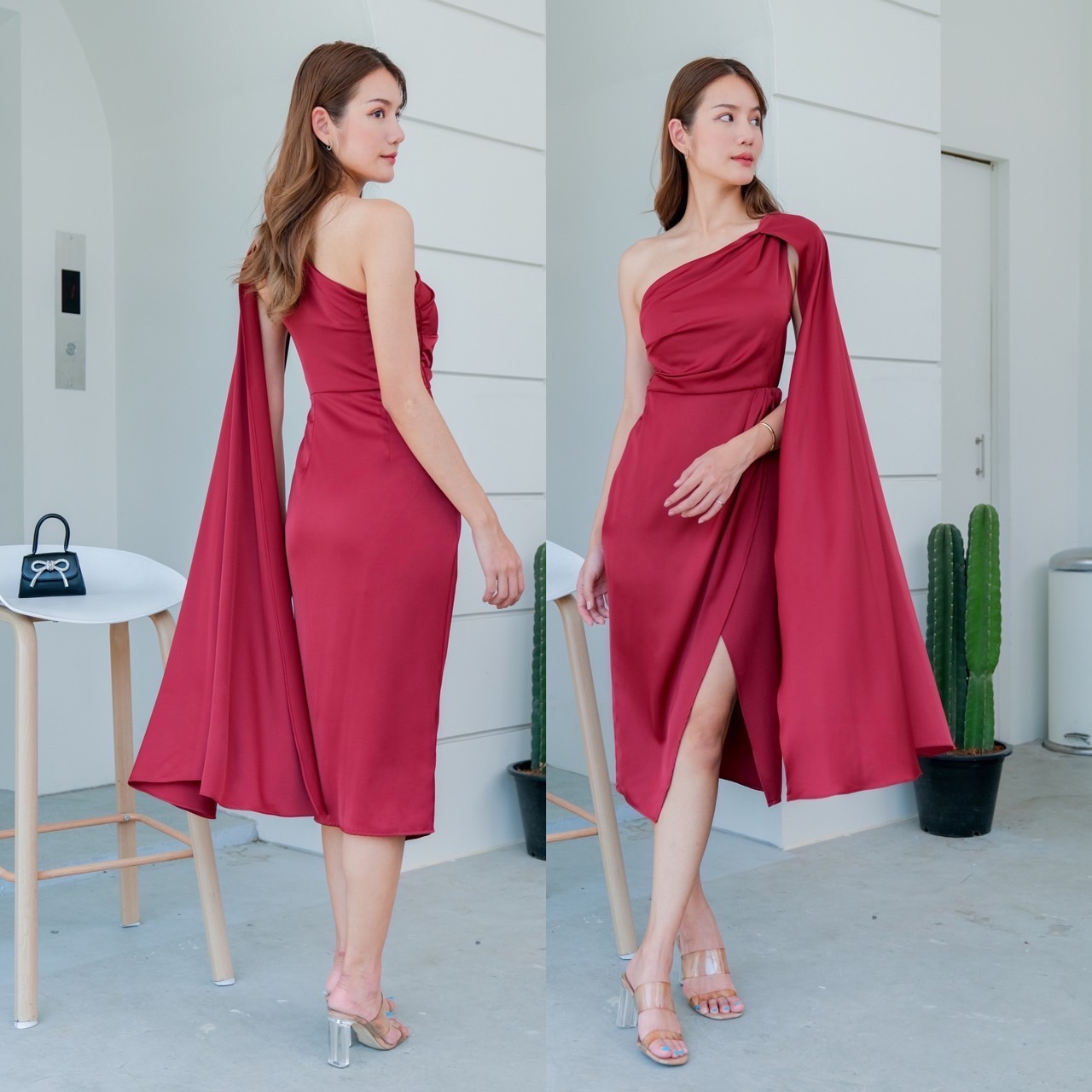 kudapy เดรสสั้น ใส่ออกงานไหล่เดี่ยว กระโปรงทิวลิป แต่งชายสไบ มีซับกระโปรงสั้นด้านใน