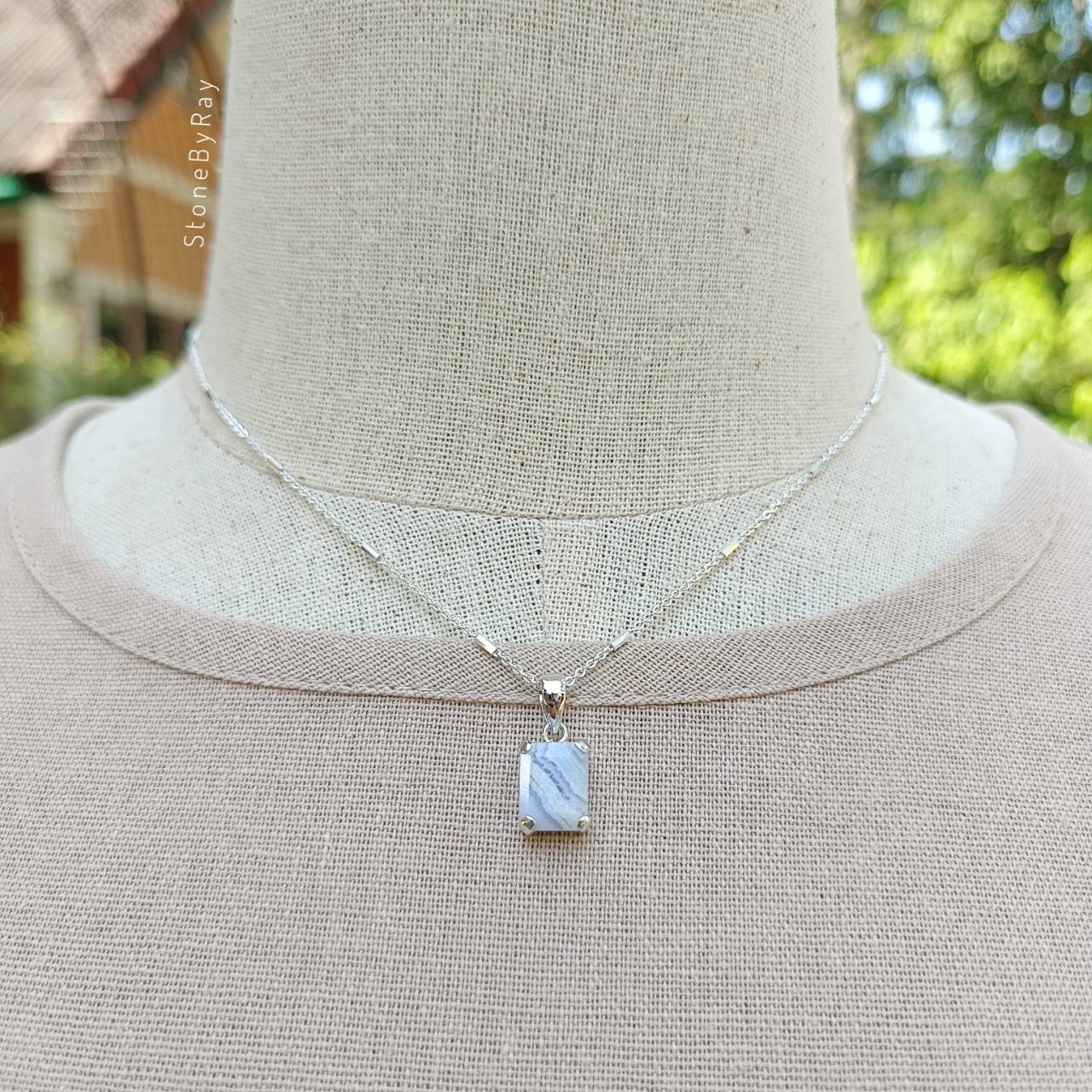 สร้อยคอเงินจี้หินบลูเลซอาเกต Blue Lace Agate